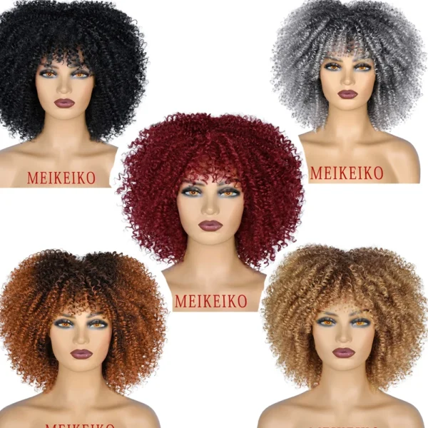 Afro Kinky, Curly Wigs With Bangs African Synthetic Ombre Glueless Cosplay Wigs For Black Women - Image 2