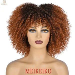 Afro Kinky, Curly Wigs With Bangs African Synthetic Ombre Glueless Cosplay Wigs For Black Women