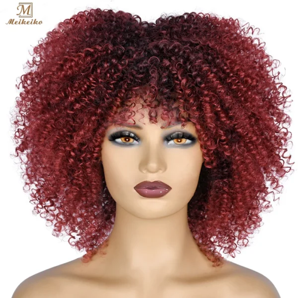 Afro Kinky, Curly Wigs With Bangs African Synthetic Ombre Glueless Cosplay Wigs For Black Women - Image 6